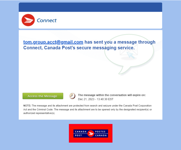 Example of email notification of new message received on epost Connect with "Access the message" button.