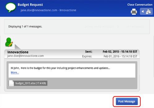 Example of new message window with text and an attached document, and the "Post message" button.