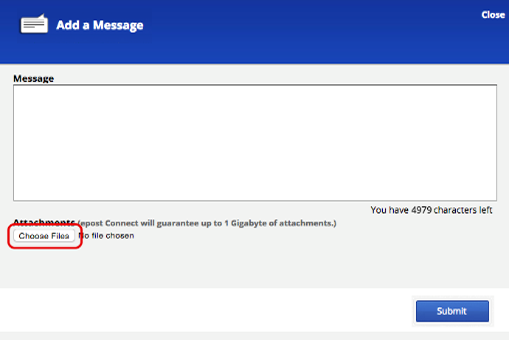 Example of new message window with “Choose files” button to attach documents, and a “Submit” button. 