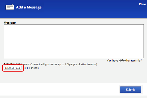 Example of new message window with "Choose files" button to attach documents, and a "Submit" button.