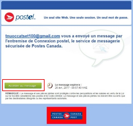 Exemple de notification par courrier électronique d'un nouveau message reçu sur epost Connect avec le bouton 'Accéder au message'.