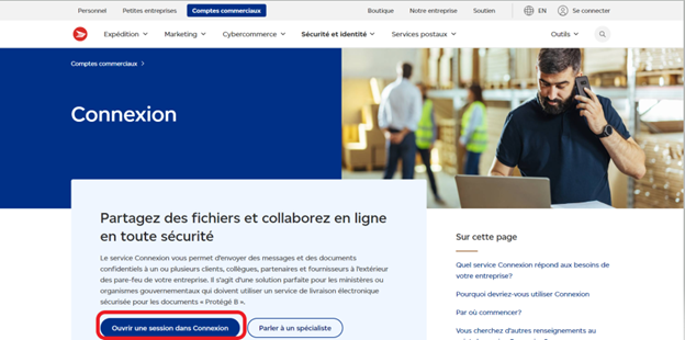 Portail de Connexion de Postes Canada, avec le bouton « Ouvrir une session dans Connexion ».