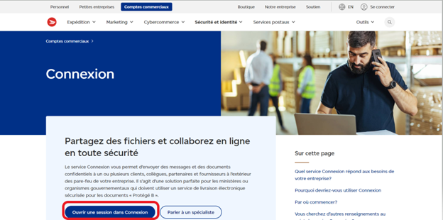 Le portail epost Connect de Postes Canada avec le bouton "Utiliser Connexion".