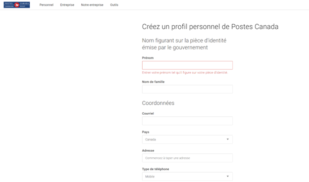 Page de création de profil de Postes Canada. 