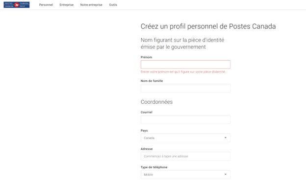Page "Créez votre profil" sur le site de Postes Canada.